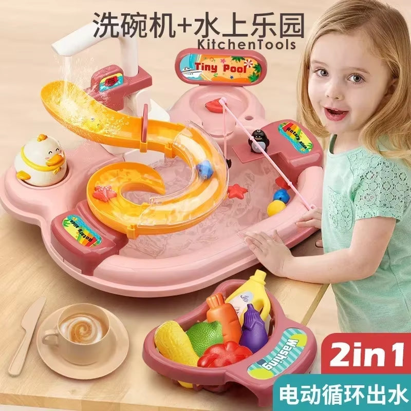 Children Puzzle Pretend Play Toys Dishwashing Basin Toys Gift Kitchen Interactive Toys 2-In-1 Slide Fishing Montessori Toy Gift