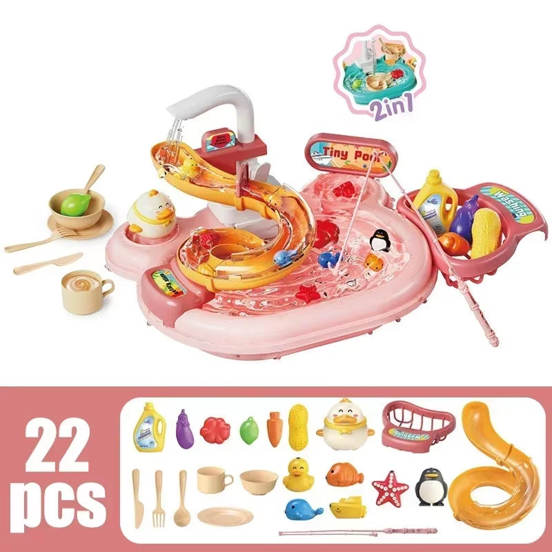 Children Puzzle Pretend Play Toys Dishwashing Basin Toys Gift Kitchen Interactive Toys 2-In-1 Slide Fishing Montessori Toy Gift