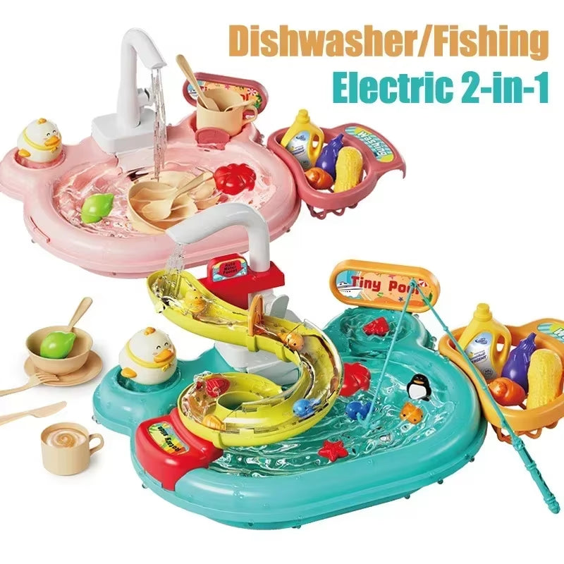 Children Puzzle Pretend Play Toys Dishwashing Basin Toys Gift Kitchen Interactive Toys 2-In-1 Slide Fishing Montessori Toy Gift
