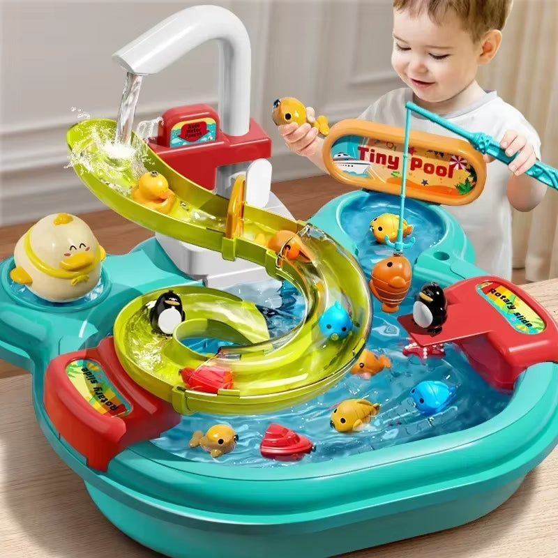 Children Puzzle Pretend Play Toys Dishwashing Basin Toys Gift Kitchen Interactive Toys 2-In-1 Slide Fishing Montessori Toy Gift