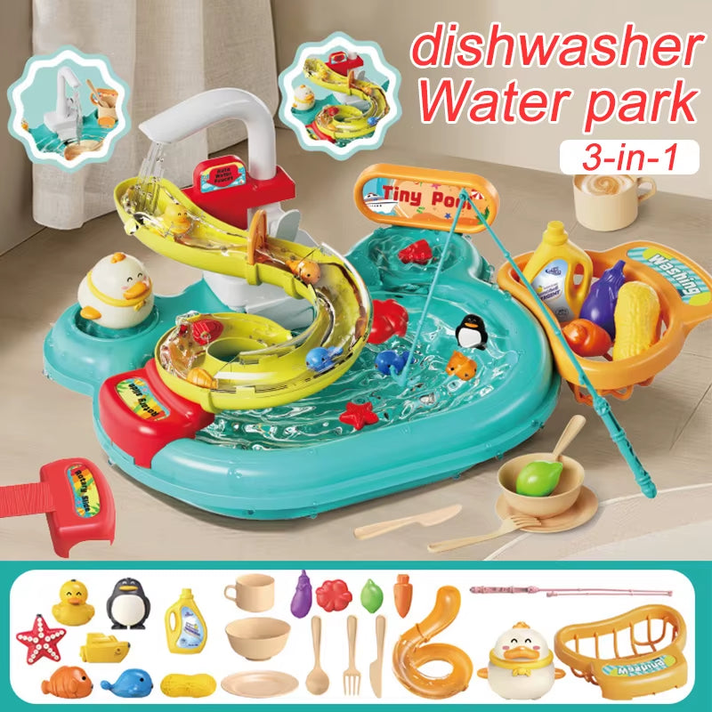 Children Puzzle Pretend Play Toys Dishwashing Basin Toys Gift Kitchen Interactive Toys 2-In-1 Slide Fishing Montessori Toy Gift